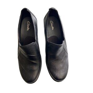 Clarks Womens Partridge Black Leather Slip-On Shoes 8W Comfortable Supportive
